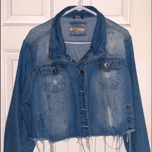 YMI Plus Size Cropped Destructed Denim Jacket